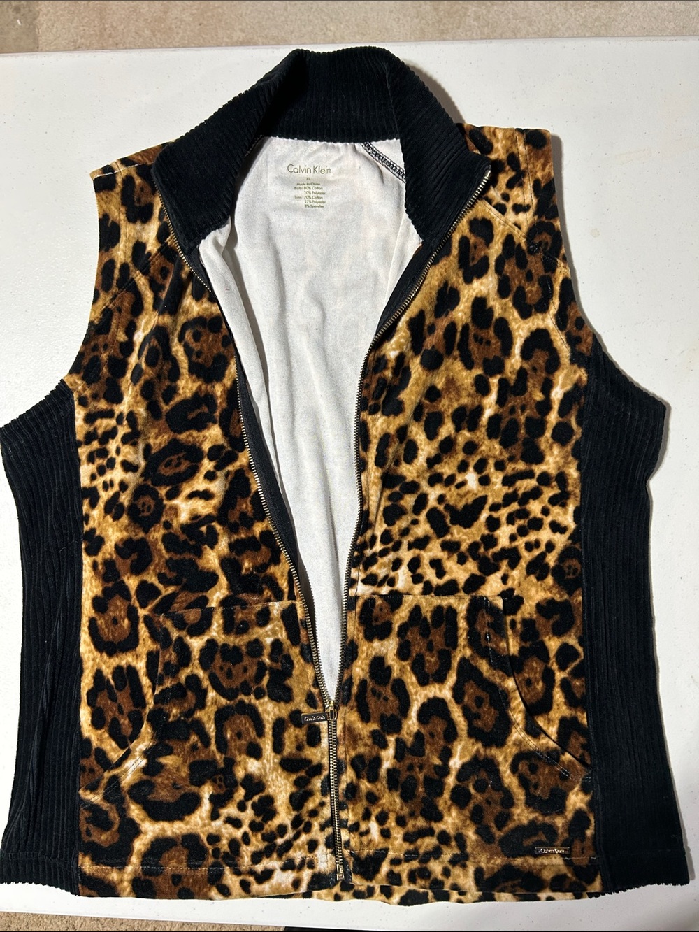 Calvin Klein Leopard Print Faux Fur Zip Front Vest with Black Knit Sides